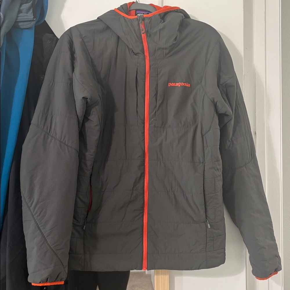 Patagonia Black Hooded Puffer with Orange Accents